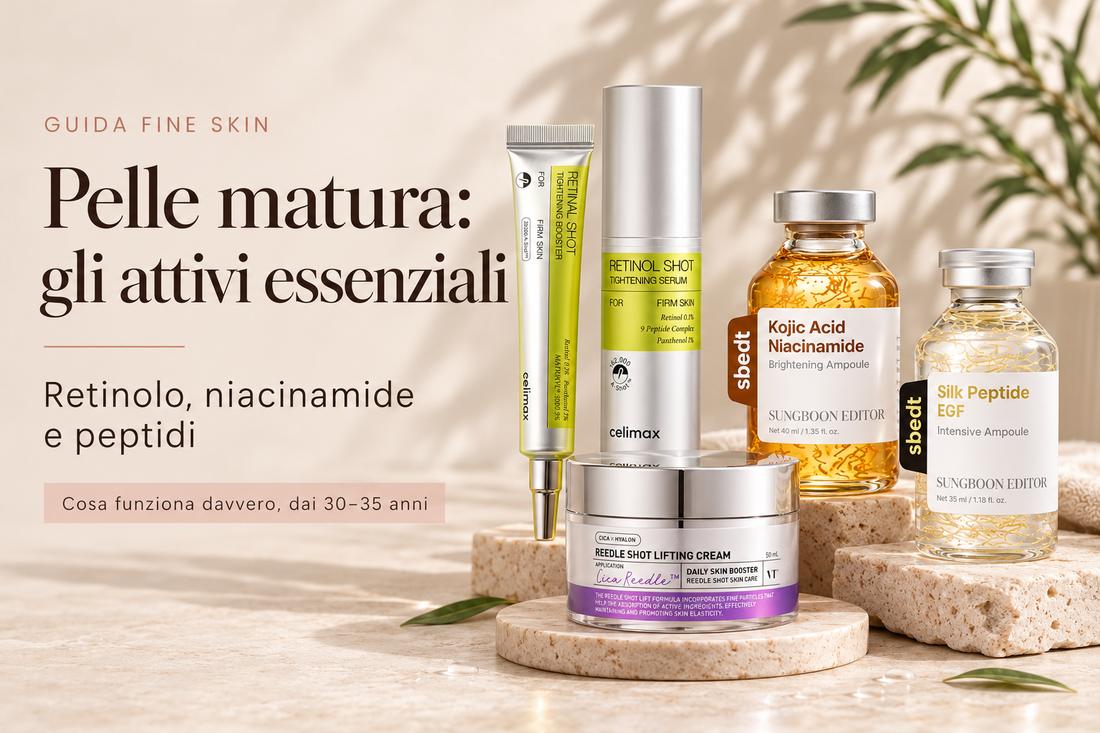 Pelle matura: gli attivi essenziali. Retinolo, niacinamide e peptidi nella Guida Fine Skin.